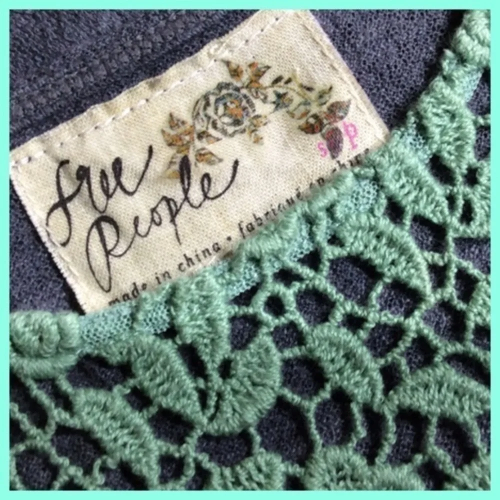 Free People Gray & Green Crochet Lace Front Top Size S